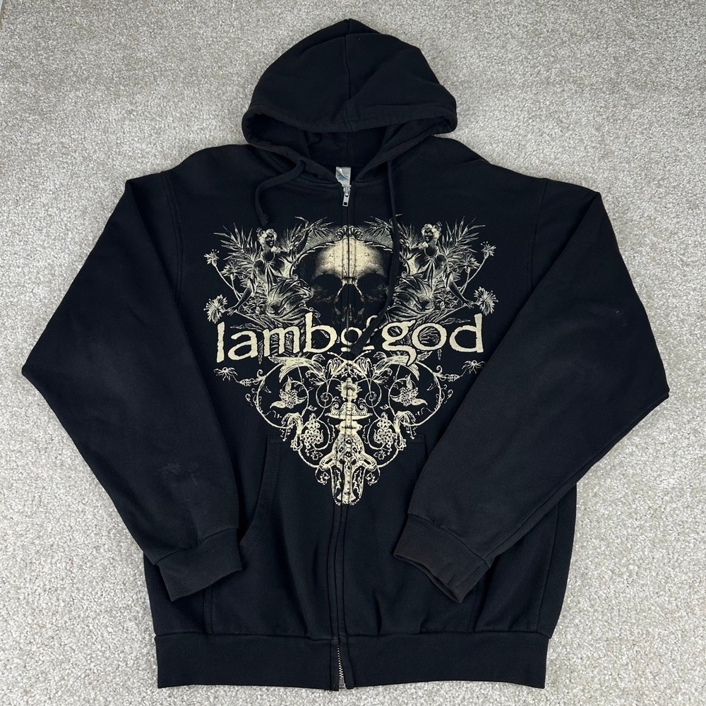 Lamb of God Band Hoodie Mens Medium Black Tultex Zip Up Skull Graphic Metal Rock